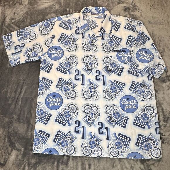 Southpole Shirt Mens XL Blue Polo All Over Y2k Grunge Punk AOP Dress Collar Logo - Picture 2 of 12